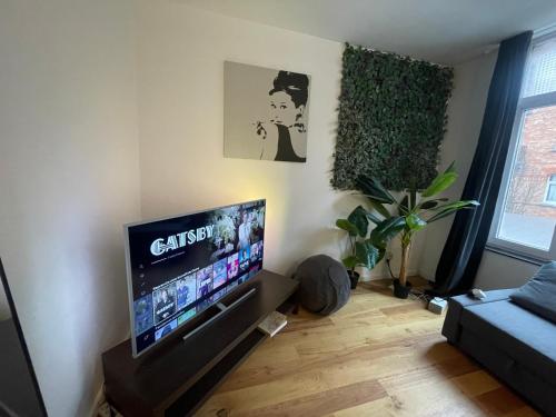 sala de estar con TV de pantalla plana en un soporte en Appartement spacieux pour un séjour inoubliable, en Bruselas