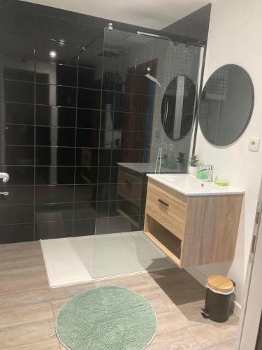 une salle de bain avec une douche avec un lavabo et un miroir dans l'établissement Studio ambiance ZEN, à Riantec