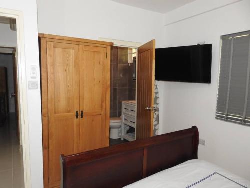 a bedroom with a bed and a closet and a television at Belview Apartments in Belmont