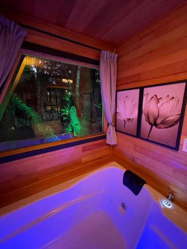 a bath tub in a room with a window at Laventure Rouge- sofisticação na Serra Gaúcha in São Francisco de Paula
