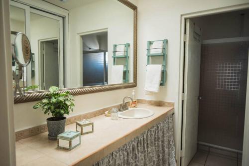 a bathroom with a sink and a mirror at CASA CACTO en San Jose del Cabo in San José del Cabo