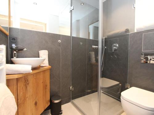 een badkamer met een douche, een toilet en een wastafel bij Apartment Am Birkenhain-1 by Interhome in Seefeld in Tirol