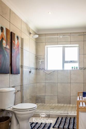 a bathroom with a shower and a toilet and a window at SHB Sonvanger in St Helena Bay