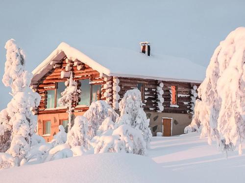 a log cabin with snow covered trees in front of it at Holiday Home Uuvana by Interhome in Saariselka