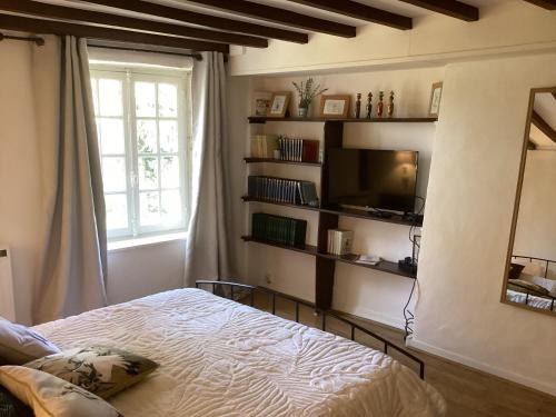 a bedroom with a bed and a tv on a wall at Phèdre en Saône in Genouilleux