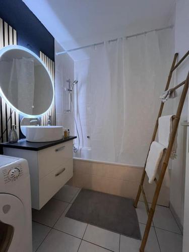 a bathroom with a sink and a tub and a mirror at l'arc logement in Strasbourg