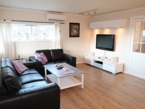 sala de estar con sofá de cuero negro y TV en Chalet Heggland Huset - FJH616 by Interhome, en Heggland