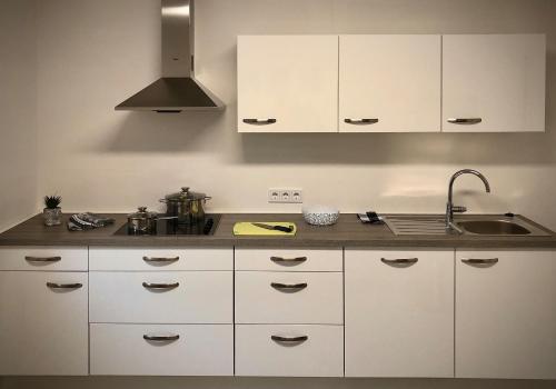 une cuisine avec des armoires blanches et un évier dans l'établissement Schneiders Ferienwohnung 2, à Braunshausen