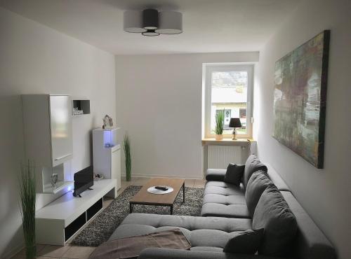BraunshausenにあるSchneiders Ferienwohnung 1のソファとテレビのあるリビングルーム