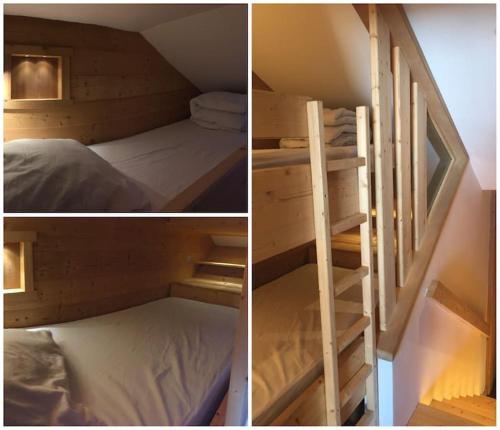 - deux photos d'un lit superposé dans un dortoir dans l'établissement Appartement de charme, ski aux pieds, pour 6 personnes, à Huez