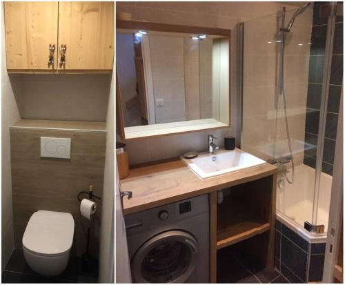 une salle de bain avec un lavabo et une machine à laver dans l'établissement Appartement de charme, ski aux pieds, pour 6 personnes, à Huez