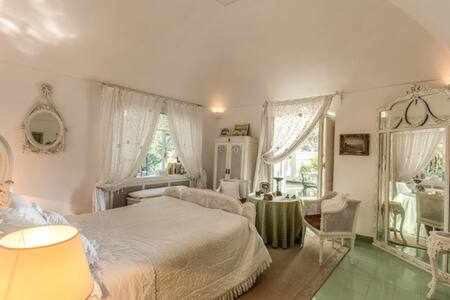 カプリにあるGreen Coral Villa di lusso 1950のベッドルーム(ベッド1台、テーブル付)