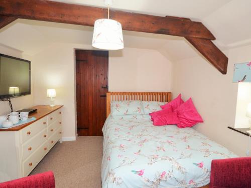 um quarto com uma cama com almofadas vermelhas e uma televisão em 1 Bed in Torrington 42982 em Petrockstow