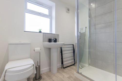 a bathroom with a toilet and a sink and a shower at All Inn Apartments in Staveley
