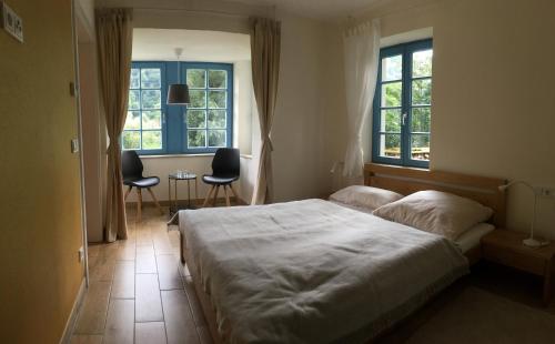ein Schlafzimmer mit einem großen Bett und zwei Fenstern in der Unterkunft Prima Klima Villa - Ferienwohnung Steinbrecher in Struppen