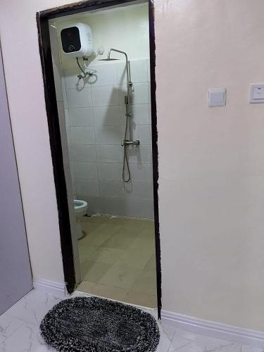 a bathroom with a shower with a mirror and a toilet at JKA 1-BEDROOM-Apart 24HRS POWER Unlimited WIFI , GARDEN PATIO AREA ,FREE DAILY HOUSEKEEPING in Lagos