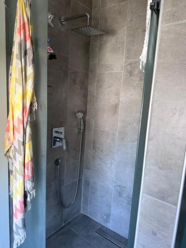 a shower with a glass door in a bathroom at Q2 Çiçek sitesi in Bodrum City