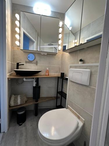 La salle de bains est pourvue de toilettes blanches et d'un lavabo. dans l'établissement Studio vue port, parking privé, terrasse, clim, au Grau-du-Roi
