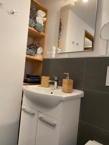 uma casa de banho com um lavatório branco e um espelho. em Großherzögliches Jägerhaus em Bensheim