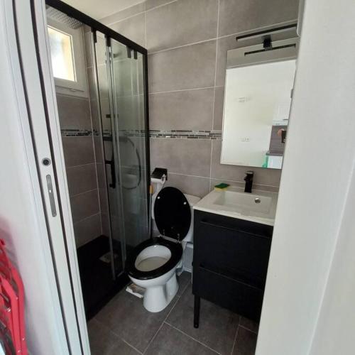 une salle de bain avec toilettes, douche et lavabo dans l'établissement Barcarès - Studio à 50 m plage dans Village, au Barcarès