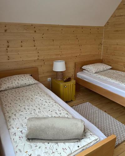 a bedroom with two beds and a lamp on a table at Seoski turizam Domaćinstvo Tošanić in Žigale