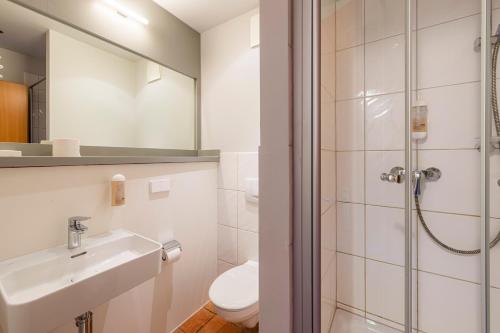 Hotel Erbenhof في فايمار: حمام مع مرحاض ومغسلة ودش
