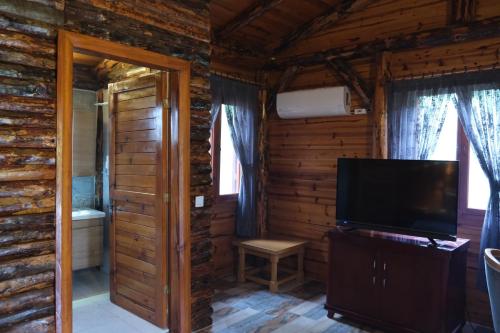 a log cabin with a television and a bathroom at Antalya Bodrum Kayası Dağ Oteli in Hasdümen