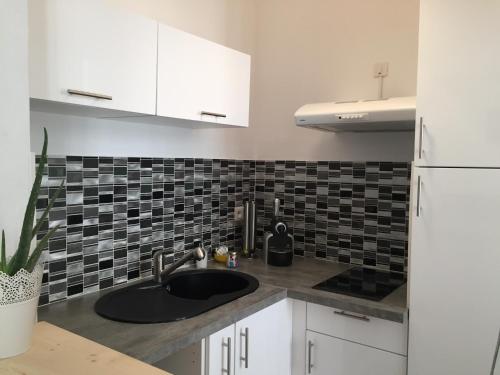 a kitchen with a sink and a black and white tiled wall at Rooftop appartement centre Arenes in Nîmes