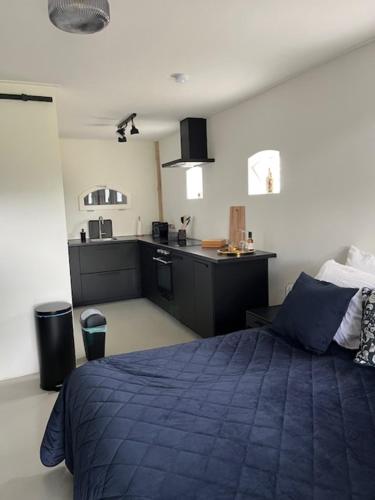 Cet appartement comprend une chambre avec un lit bleu et une cuisine. dans l'établissement De Citadel - de Weide, à Markelo
