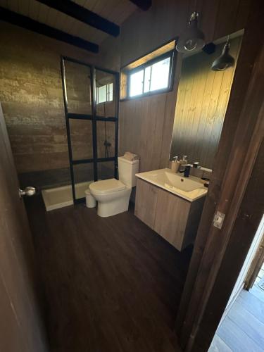 y baño con aseo, lavabo y espejo. en Cabañas Wildki Lodge Vichuquen, en Curicó