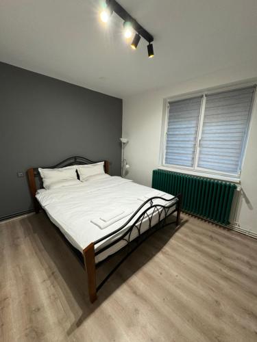 a bedroom with a bed and a green radiator at Luna Apartament NOU zona spital UMF in Târgu-Mureş