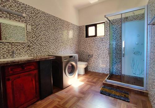 łazienka z prysznicem i pralką w obiekcie Villea Frangipani w Mahé