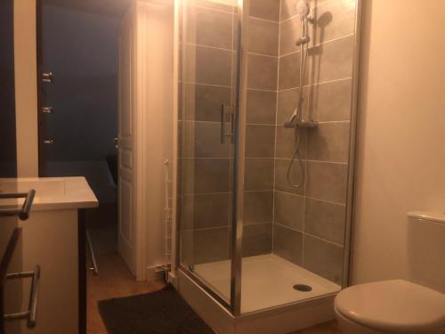 eine Dusche mit Glastür im Bad in der Unterkunft Logement entier sur Wormhout in Wormhout