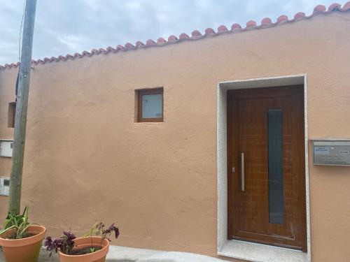 a house with a brown door and two potted plants at Apartamento Sant-Yago in Santiago de Compostela