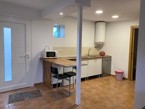 a kitchen with a counter with a microwave on it at Apartamento Sant-Yago in Santiago de Compostela