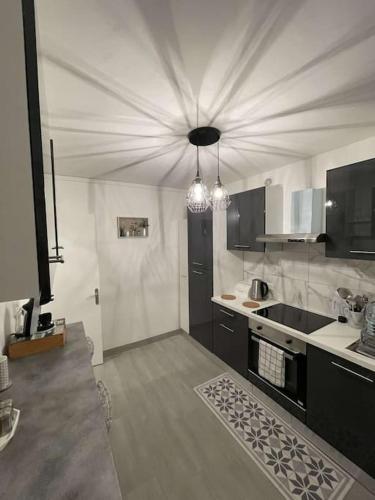 uma cozinha com electrodomésticos a preto e branco e um tecto em Superbe appartement avec emplacement idéal em Mulhouse