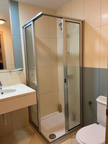 a bathroom with a shower and a toilet and a sink at Holiday Home - Santa Maria in Prainha