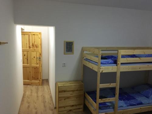 a room with two bunk beds and a hallway at U Čmeláka in Vyskeř