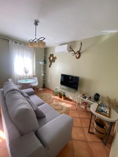 sala de estar con sofá y TV en Apartamentos La Palma en Ubrique