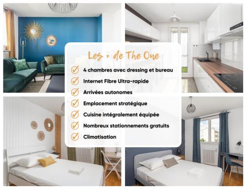 un collage de photos d'un salon et d'une cuisine dans l'établissement ✩THE ONE✩ Élégance et confort en plein centre, à Colomiers