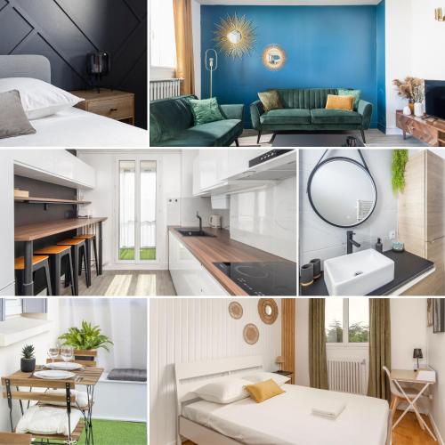 un collage de photos d'une chambre et d'un salon dans l'établissement ✩THE ONE✩ Élégance et confort en plein centre, à Colomiers