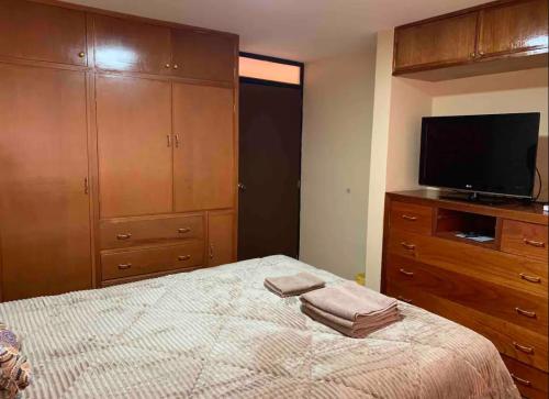 1 dormitorio con 1 cama y TV de pantalla plana en Alojamiento a una cuadra de la plaza de armas, en Puno