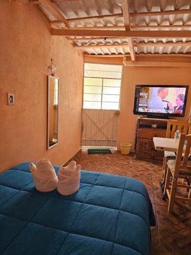 - un salon avec un grand lit bleu en face d'une télévision dans l'établissement Hostal Casa Amarilla Tecámac, à Santa Cruz Tecamac