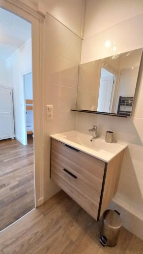 a bathroom with a sink and a mirror at Maison tout confort au cœur de Châteauroux in Châteauroux