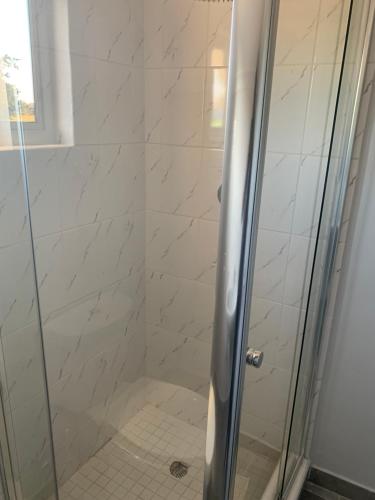 W łazience znajduje się prysznic ze szklanymi drzwiami. w obiekcie Riverside Lodge w Katima Mulilo