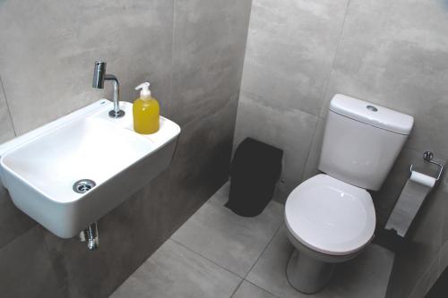 a bathroom with a white toilet and a sink at Kitnet prox a UNIFEI com Wi-Fi em Itajuba MG in Itajubá