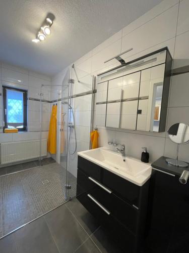 La salle de bains est pourvue d'un lavabo et d'une douche. dans l'établissement Haus Lieteblick, 