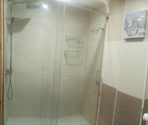 a shower with a glass door in a bathroom at MI LUGAR FAVORITO SABI in Sabiñánigo