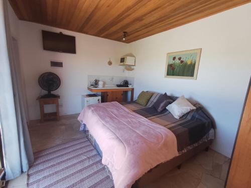 ein Schlafzimmer mit einem großen Bett in einem Zimmer in der Unterkunft SUÍTE VISTA LINDA in Cunha