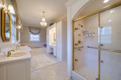 a bathroom with a shower and a sink at Immaculate Boone Villa with Entertainment Lounge! in Boone